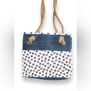 Starry Red White Blue Denim Open Top Tote with Rope Handles Hand Crafted NWT